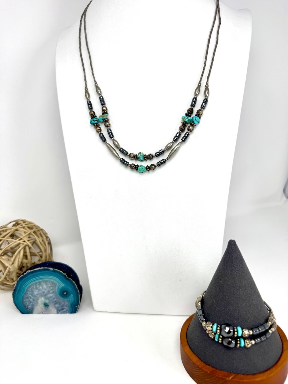 Vintage Native American Layered Turquoise Liquid Silver Necklace & Bracelet Set